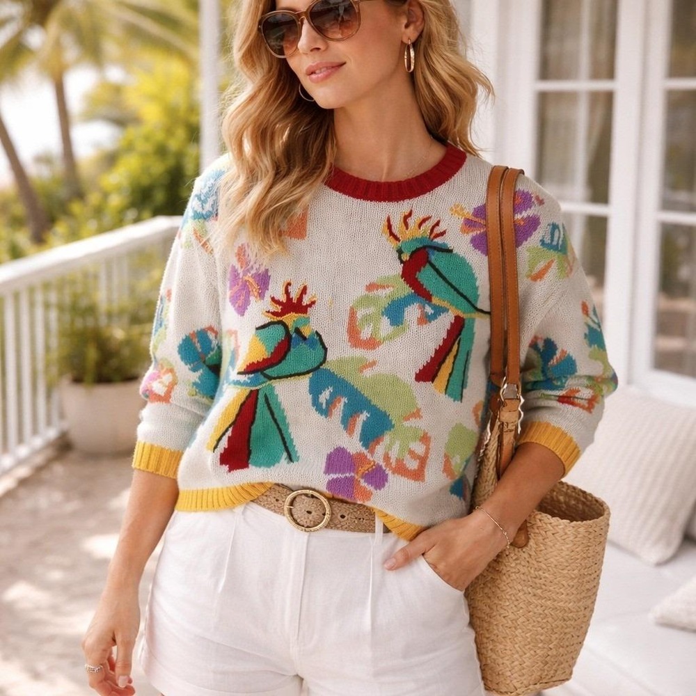 VTG Topical Bird Sweater Womens‎ Size M  Parrot Artsy Boho Cottagecore Resort